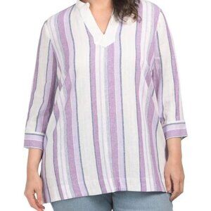 KASPER NEW Lavender Purple Mist Striped Linen Blend Popover Tunic Top XL $89